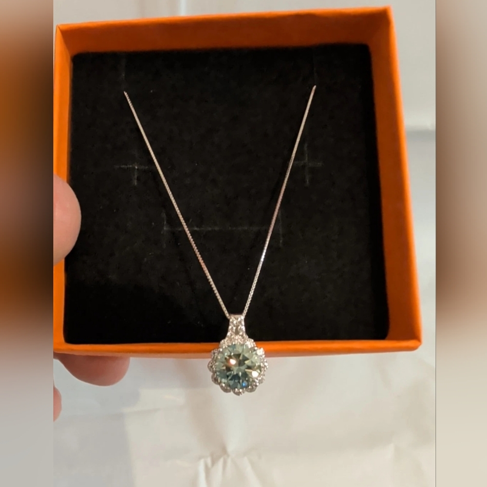 2 CT Round Cut Turquoise Moissanite Diamond Necklace Pendant 17" Silver Chain
